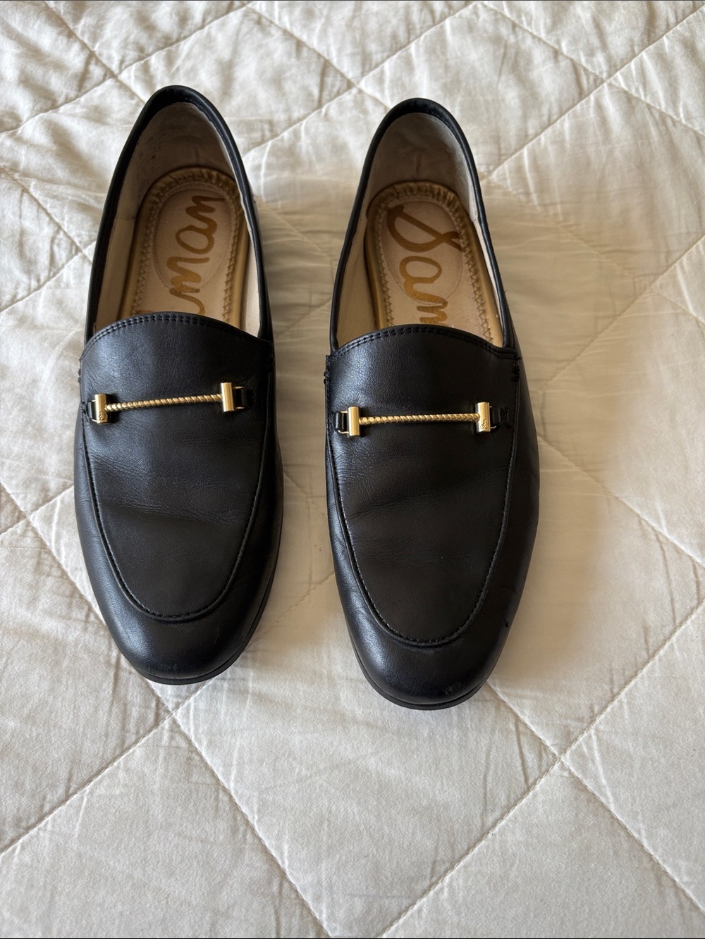 Sam Edelman Black Leather Slip-On Loafers with Gold Accent